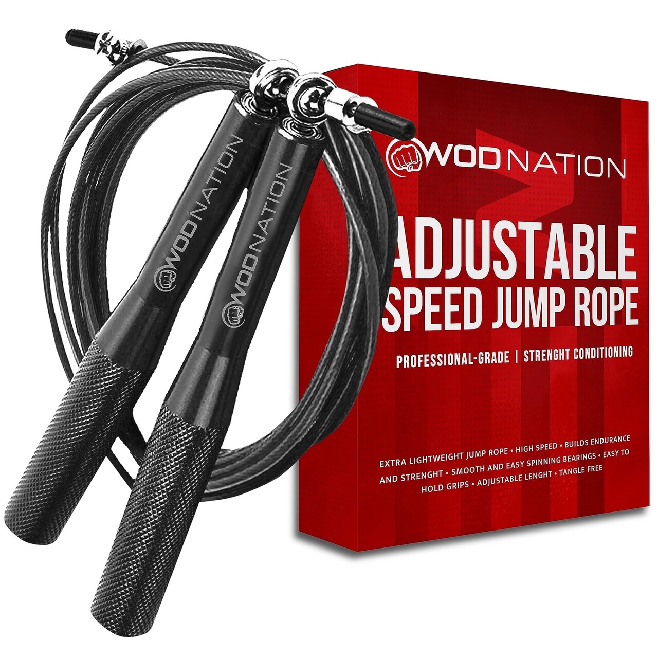 WOD Nation Aluminum Handle High Speed Adjustable Jump Rope for Women and Men - Perfect Skipping Rope for Boxing, Fitness, Workout - Black